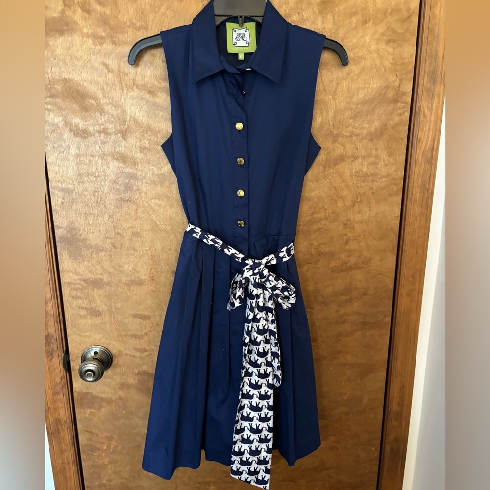 Elizabeth McKay Picnic Tie Waist Navy Shirtdress with Silk Tie Belt